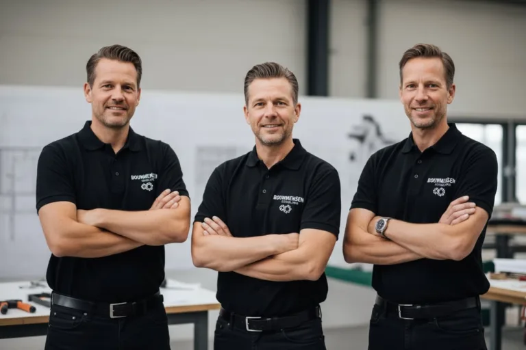 Drie mannen in zwarte shirts staan voor een werkplaats en kijken naar de camera.