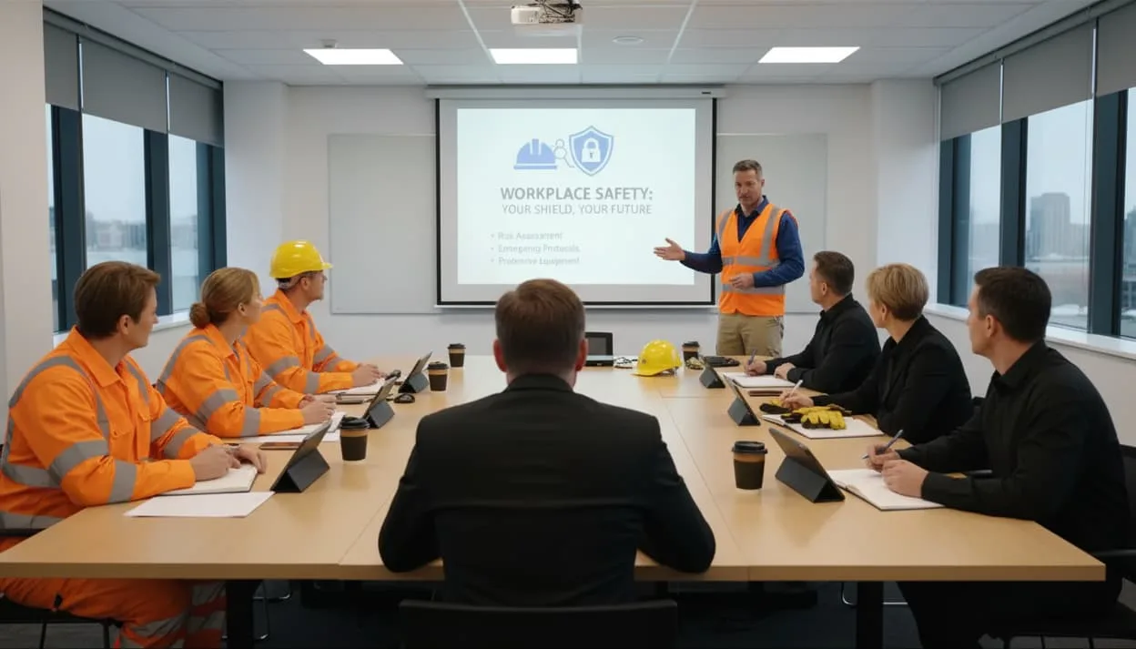 Werkoverleg met bouwmedewerkers tijdens een veiligheidsinstructie in een vergaderruimte.